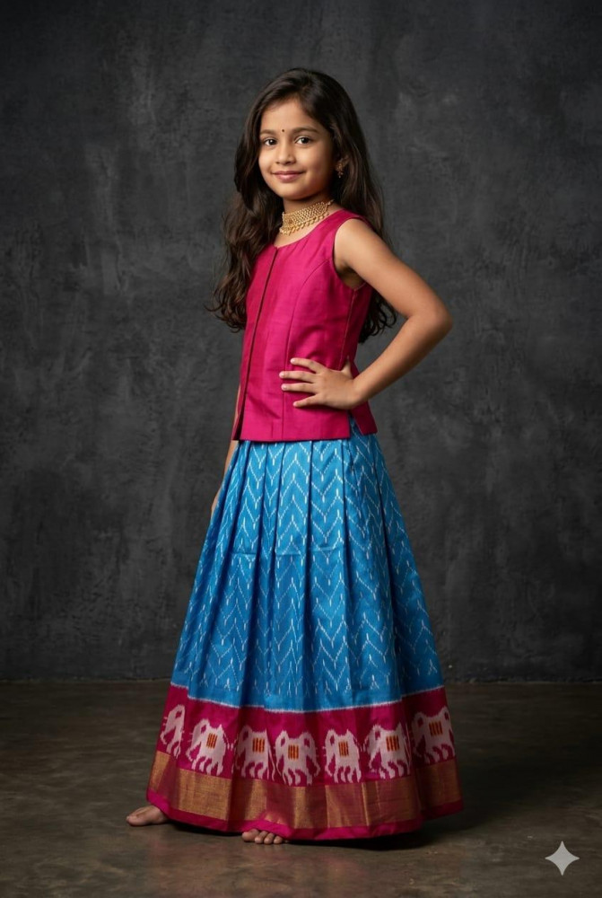 Image of Ikkat Pure Silk Medium Size Lehenga