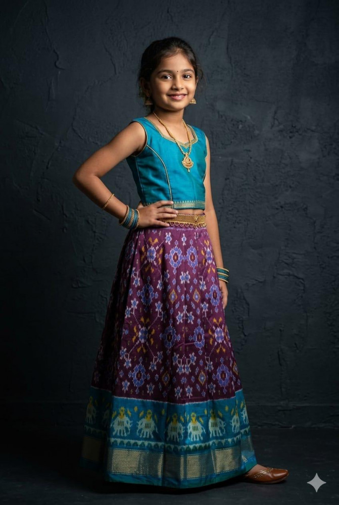 Image of Ikkat Pure Silk Medium Size Lehenga