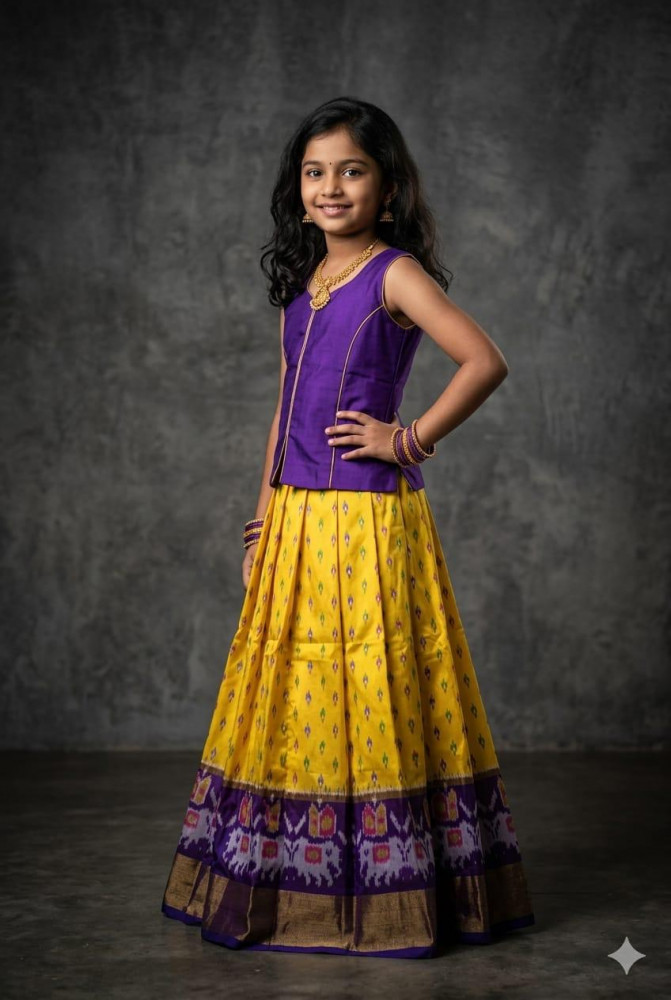 Image of Ikkat Pure Silk Medium Size Lehenga