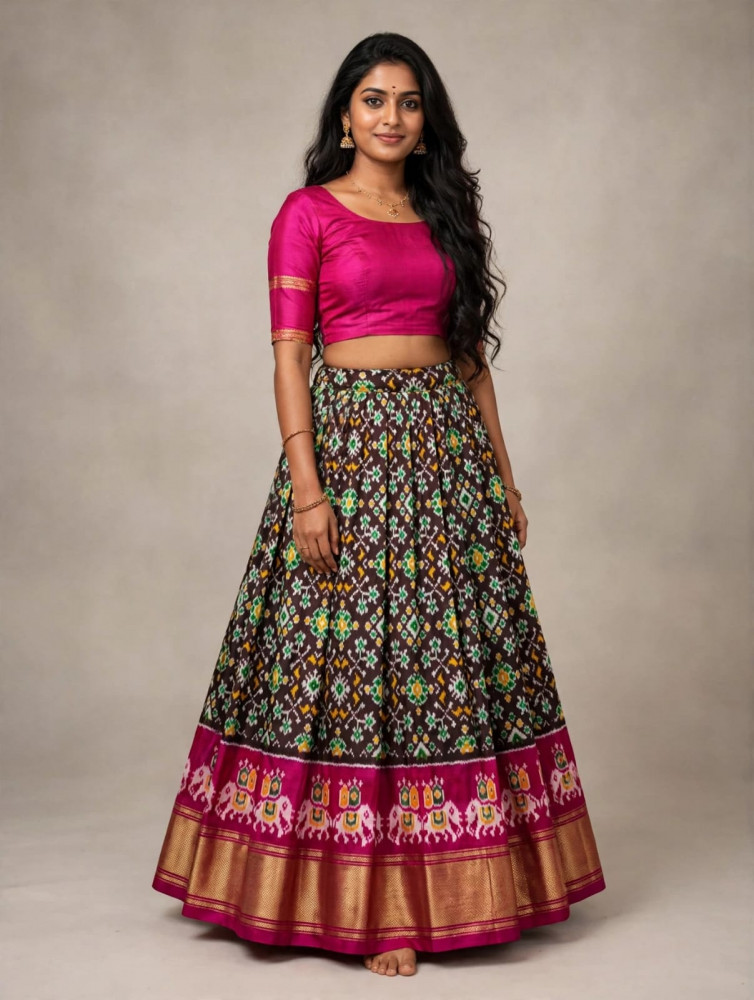 Image of Ikkat Free Size Pure Silk Lehenga