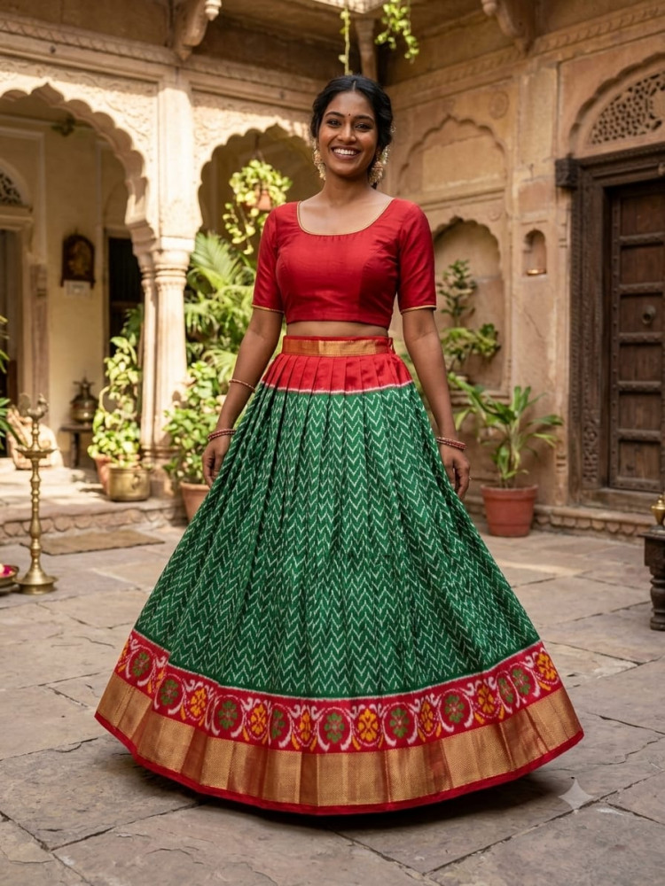 Image of Ikkat Free Size Pure Silk Lehenga