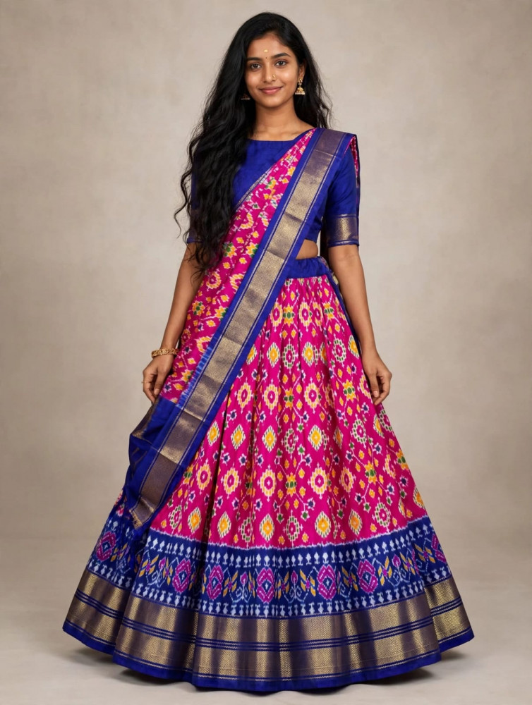 Image of Ikkat Free Size Pure Silk Lehenga