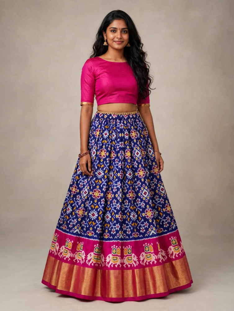 Image of Ikkat Free Size Pure Silk Lehenga