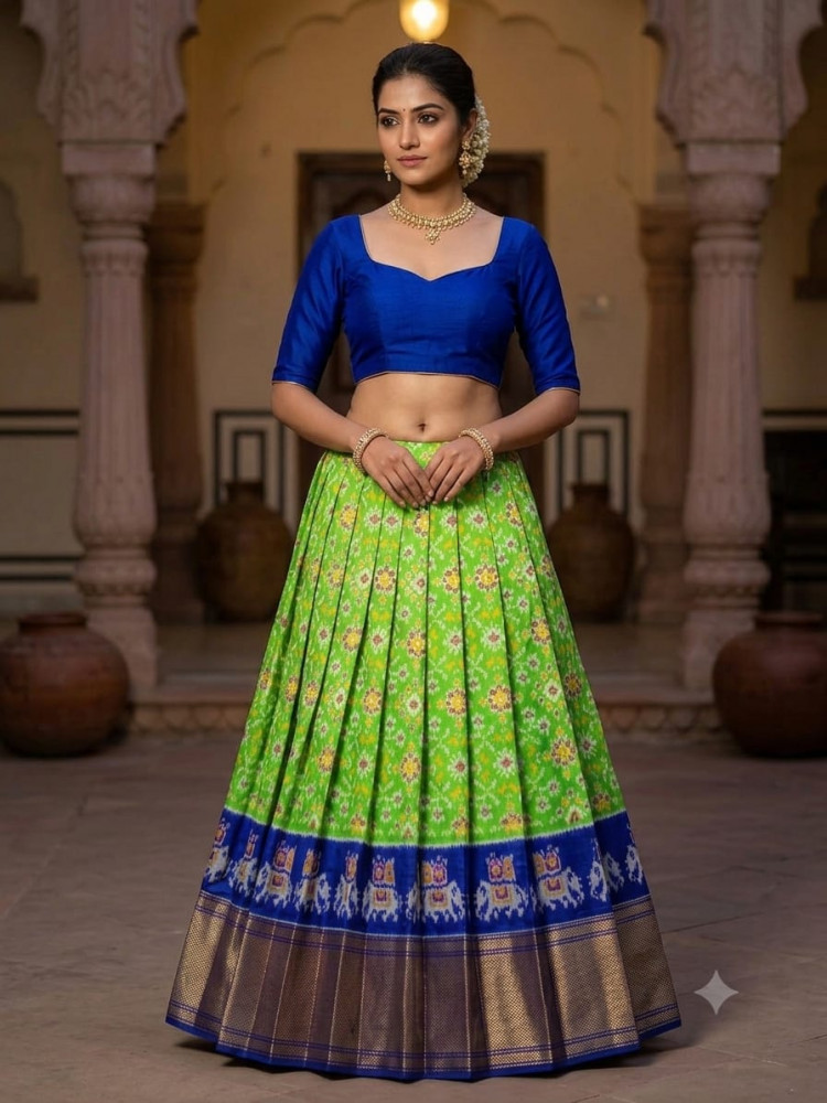 Image of Ikkat Free Size Pure Silk Lehenga
