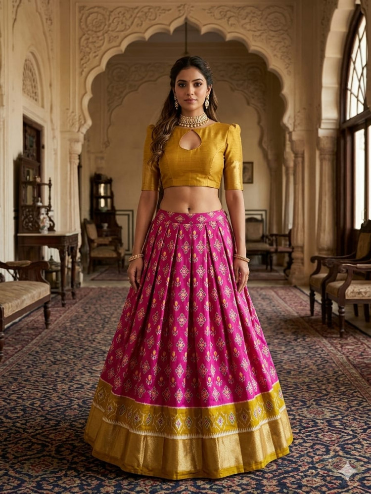 Image of Ikkat Free Size Pure Silk Lehenga