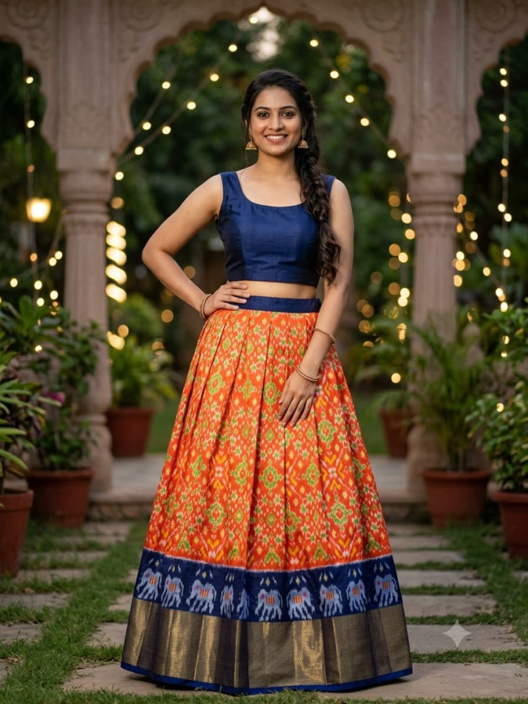 Image of Ikkat Free Size Pure Silk Lehenga