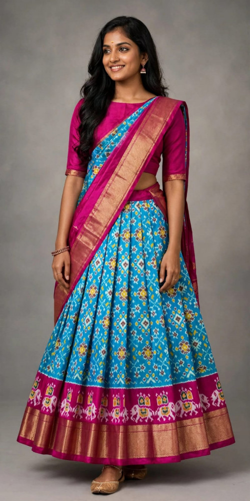 Image of Ikkat Free Size Pure Silk Lehenga