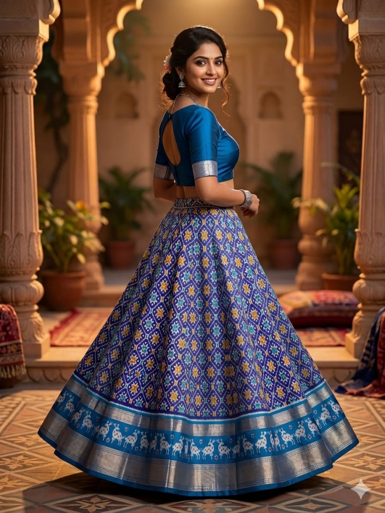 Image of Ikkat Free Size Pure Silk Lehenga