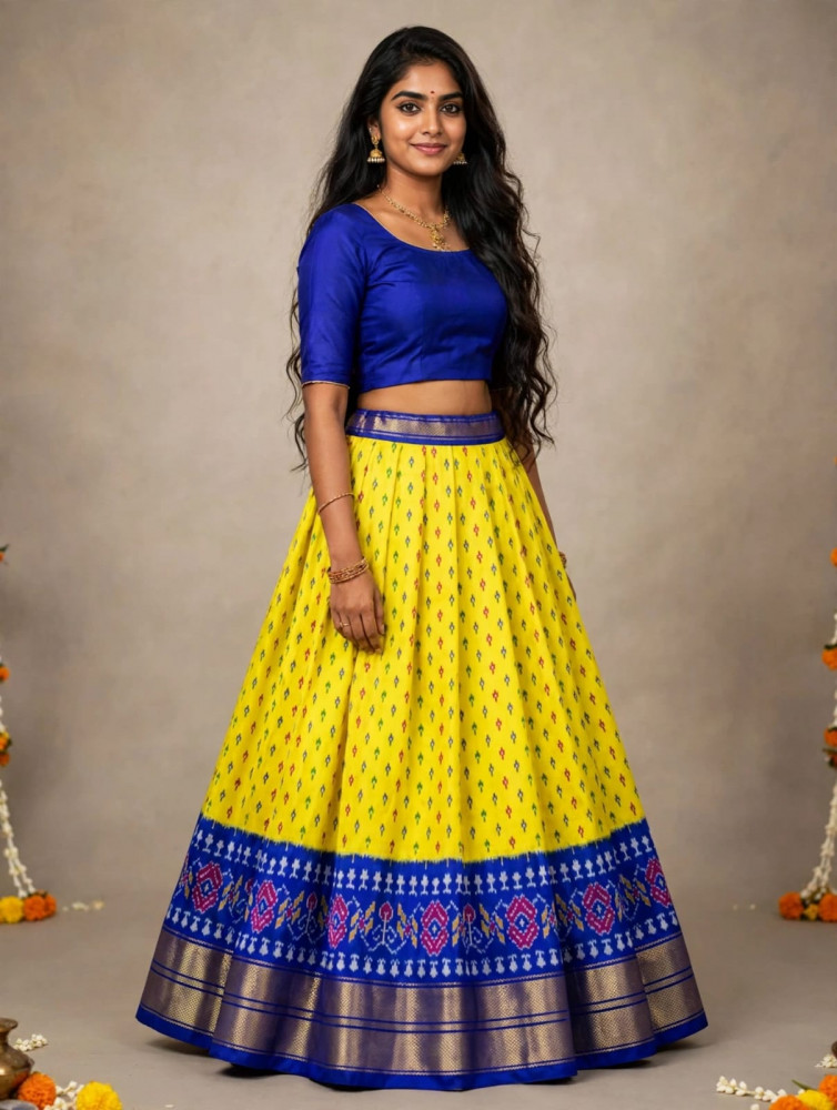 Image of Ikkat Free Size Pure Silk Lehenga