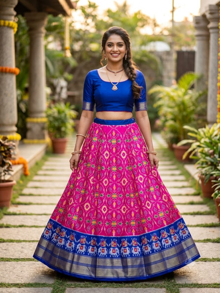 Image of Ikkat Free Size Pure Silk Lehenga