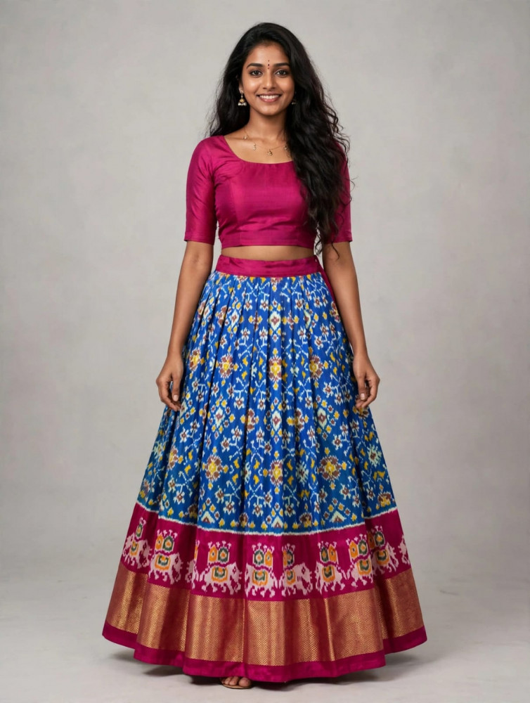 Image of Ikkat Free Size Pure Silk Lehenga