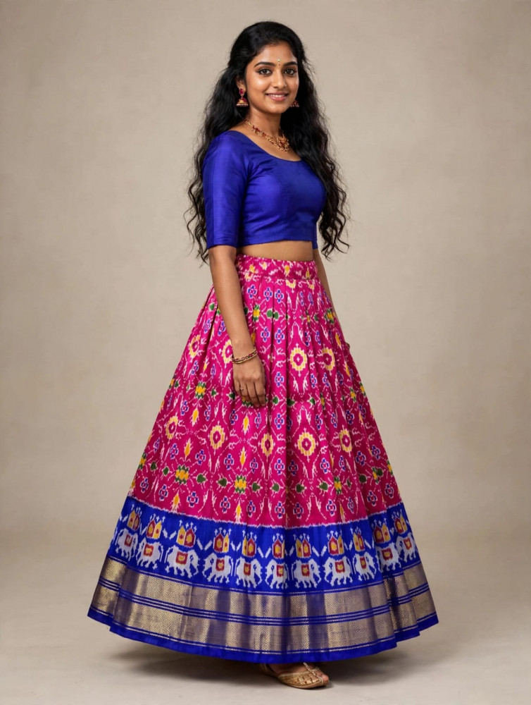 Image of Ikkat Free Size Pure Silk Lehenga