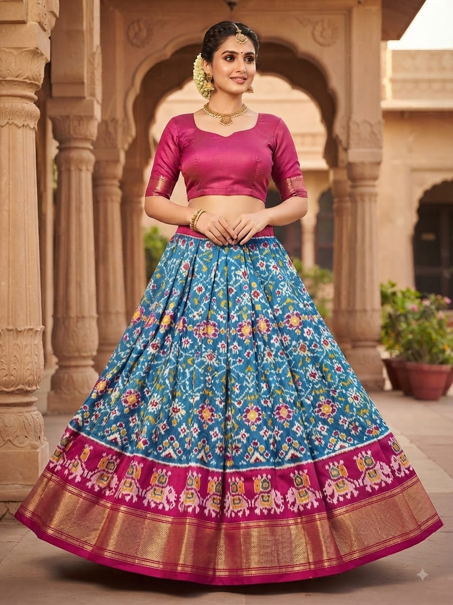 Ikkat Free Size Pure Silk Lehenga