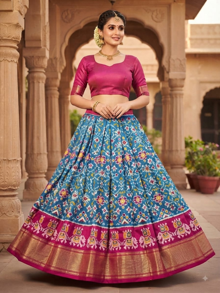 Image of Ikkat Free Size Pure Silk Lehenga