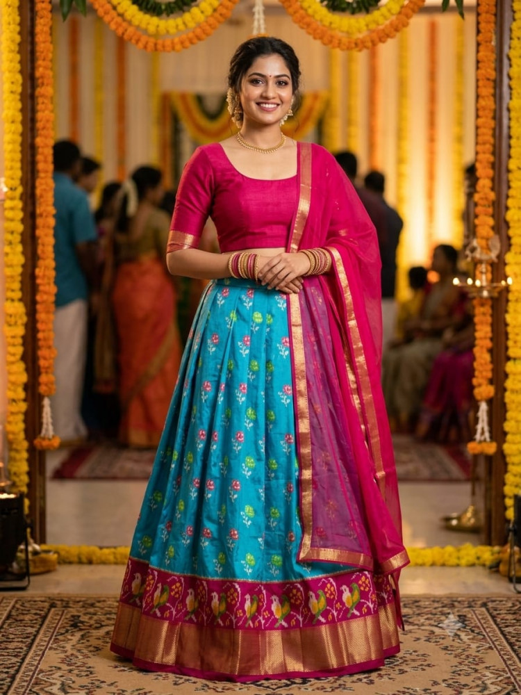 Image of Ikkat Free Size Pure Silk Lehenga