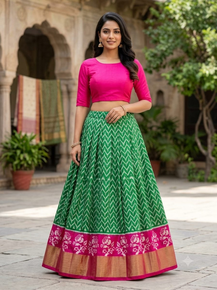 Image of Ikkat Free Size Pure Silk Lehenga