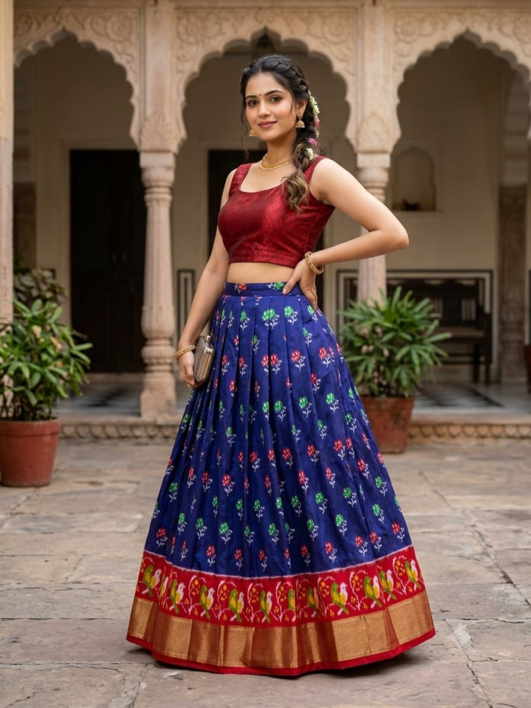 Image of Ikkat Free Size Pure Silk Lehenga