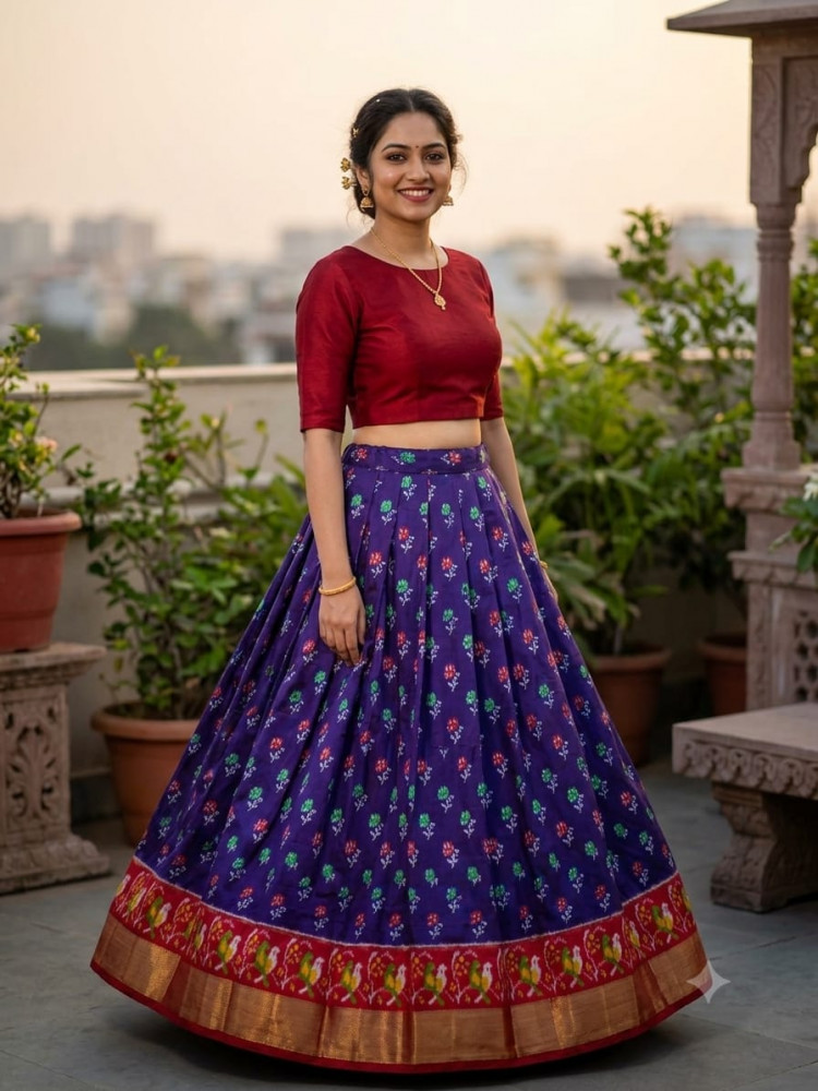 Image of Ikkat Free Size Pure Silk Lehenga