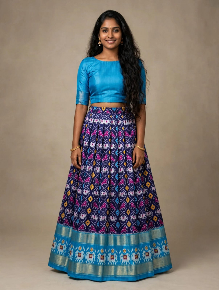Image of Ikkat Free Size Pure Silk Lehenga