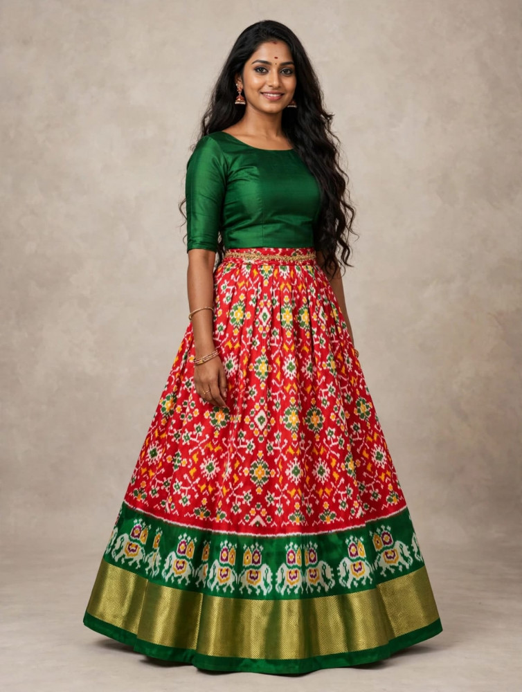 Image of Ikkat Free Size Pure Silk Lehenga