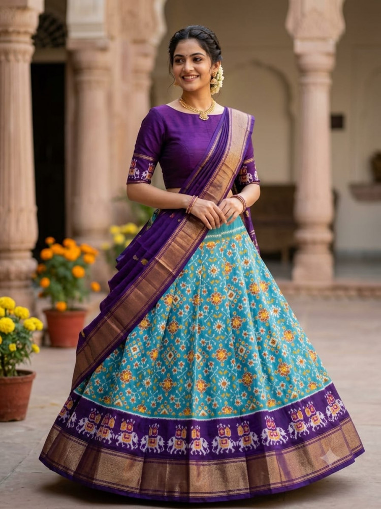 Image of Ikkat Free Size Pure Silk Lehenga