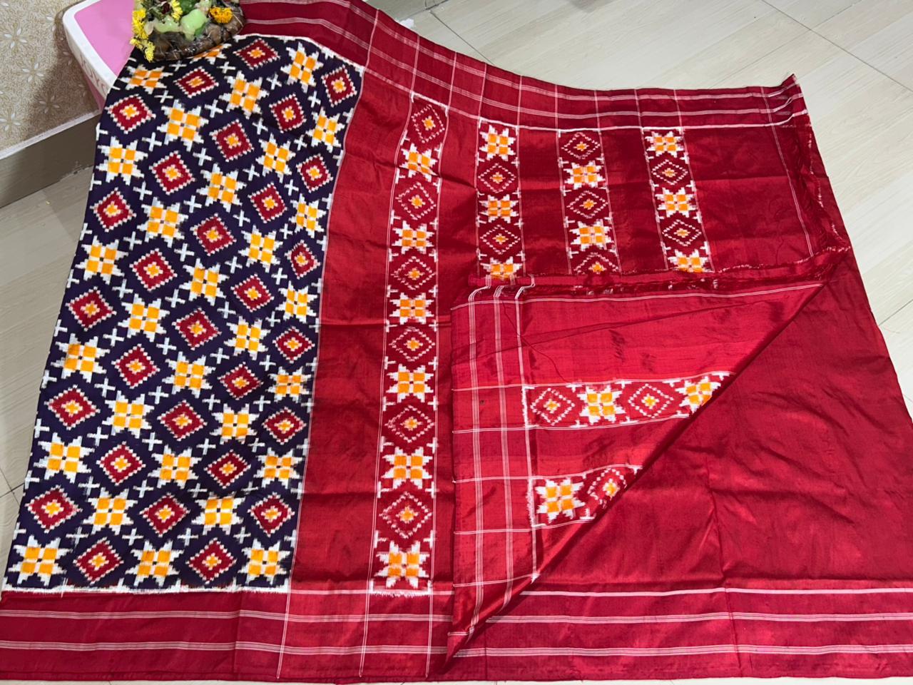 Double Ikkat Teliarumal Pure Silk Saree