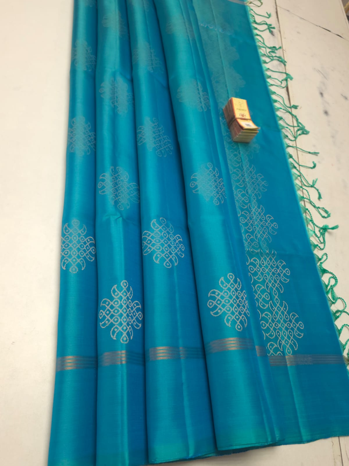 Pure Handloom Double warp soft silk Muggu Design sarees