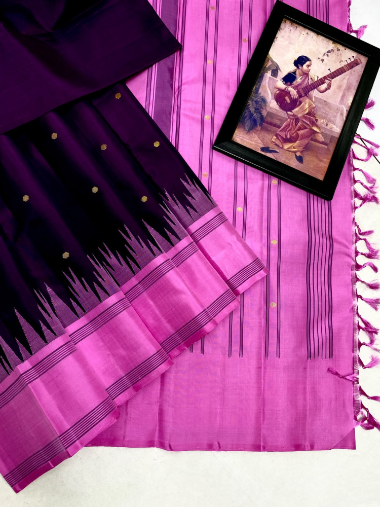 Image of Kanchipuram Pure Silk Temple Korvai Border Saree