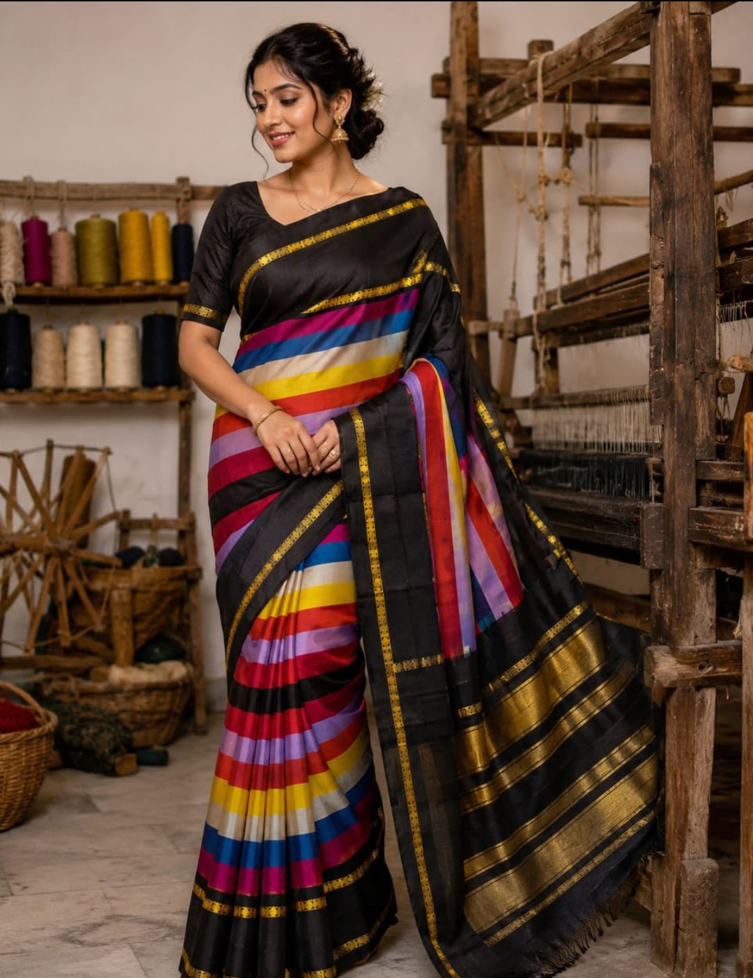 Kanchipuram Pure Silk Multi Color Stripes Saree