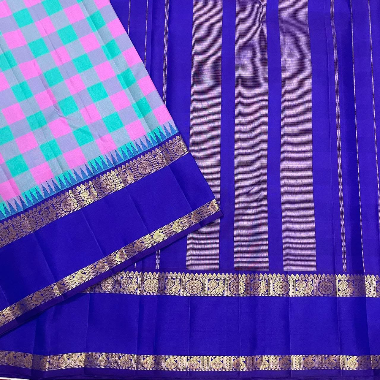 Kanchipuram Pure Silk Multi Color Checks Saree