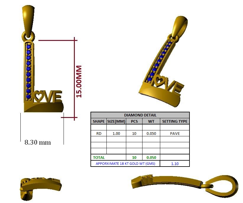 Designer Gold Plated Silver Love Shaped L Letter Pendant