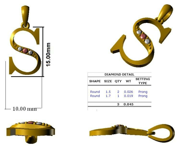 Designer Gold Plated Silver S Letter Pendant Stylish