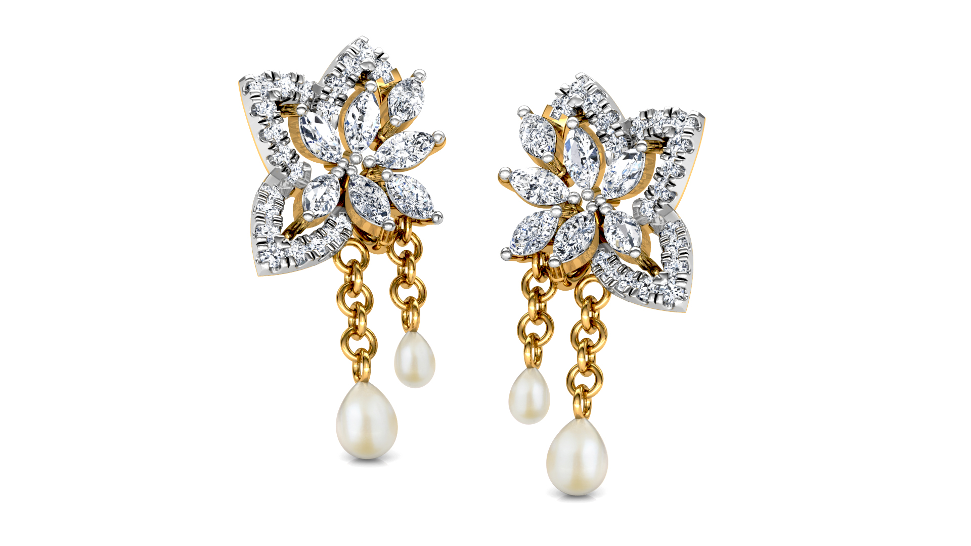 Designer Gold Stylish 3 Pan 7 Leaves Diamond Earring