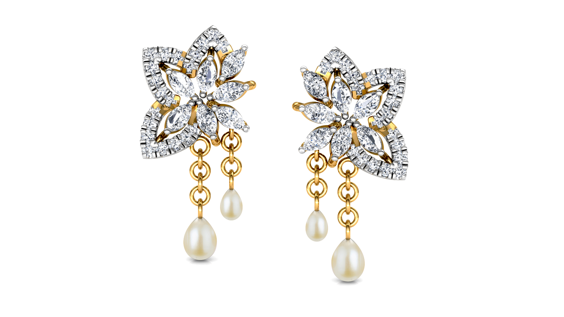 Designer Gold Stylish 3 Pan 7 Leaves Diamond Earring