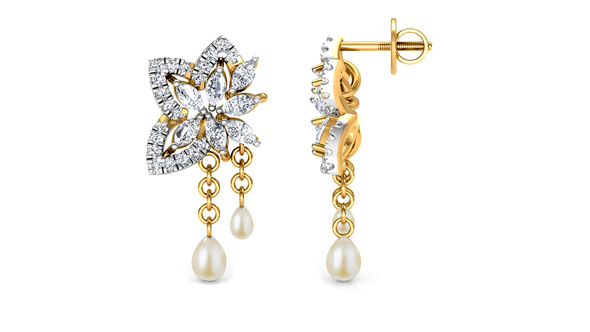 Designer Gold Stylish 3 Pan 7 Leaves Diamond Earring