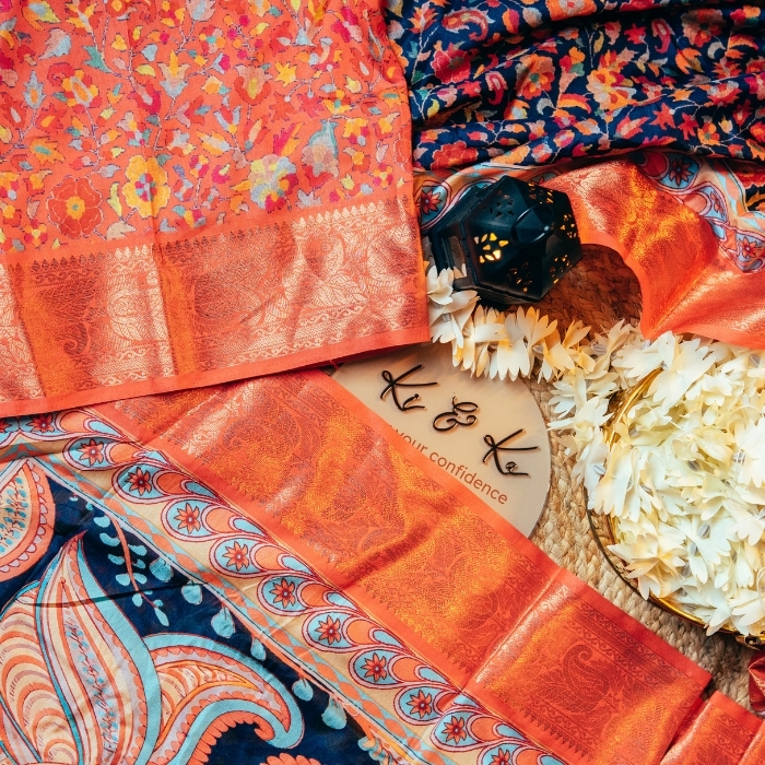 Blue Tussar Silk Saree with Neon Kalamkari Print