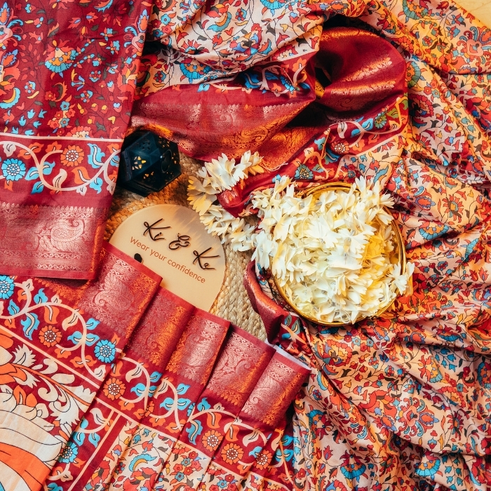 Multi Kalamakari floral printed tussar silk saree with zari motif border