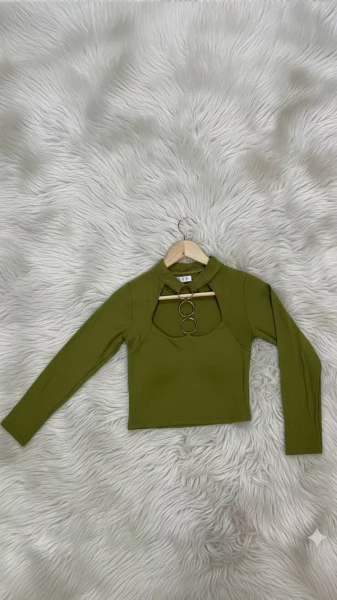 Image of Trendy Metal Ring Cutout Crop Top - Long Sleeve Mock Neck