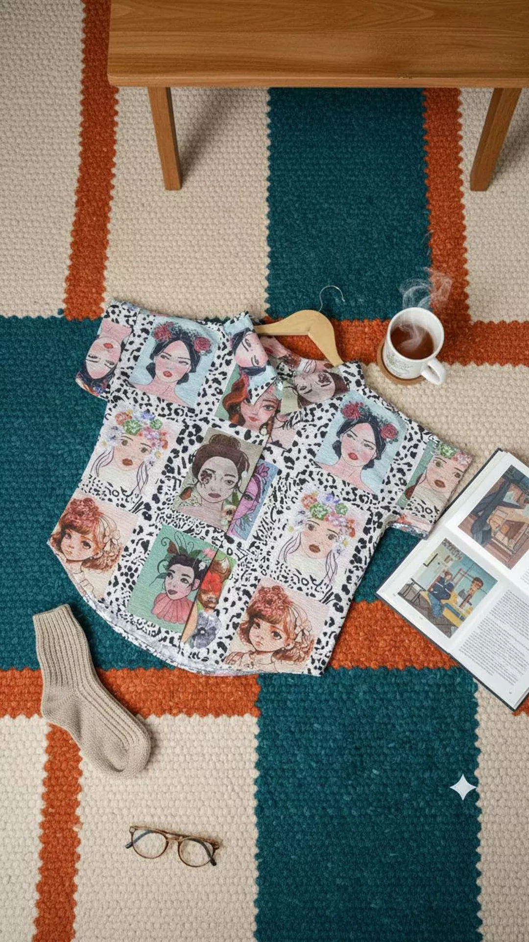 Unique Abstract Portrait Print Shirt - Short-Sleeve Boxy Fit