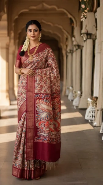 Image of Multi kalamakari floral printed tussar silk saree with zari motif border