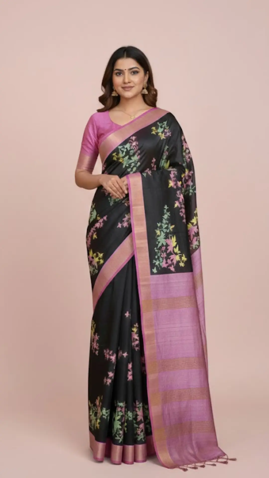 Black Tussar Silk Saree with Neon Kalamkari Print