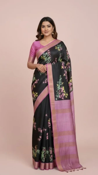 Image of Black Tussar Silk Saree with Neon Kalamkari Print