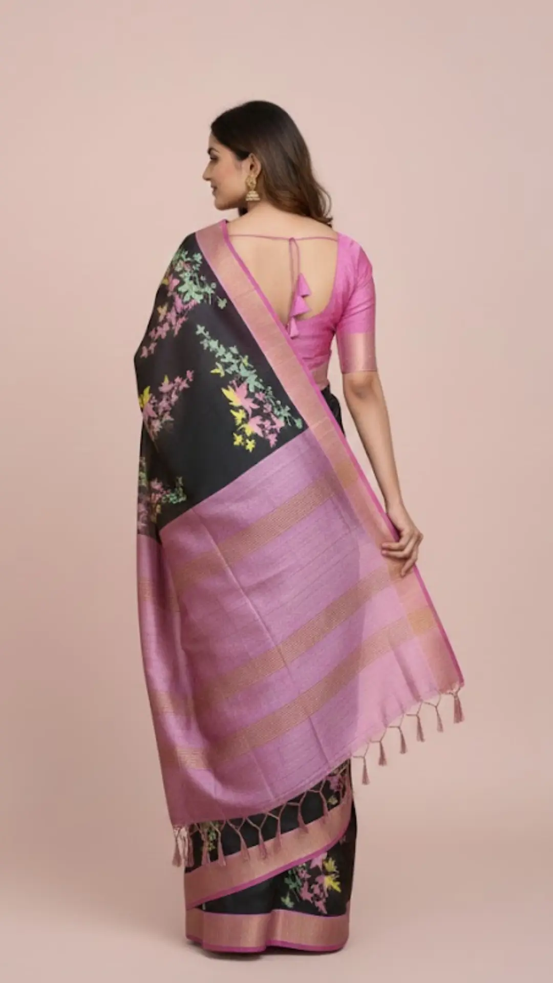 Black Tussar Silk Saree with Neon Kalamkari Print