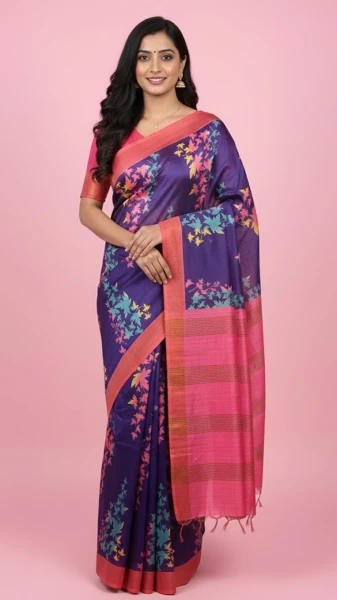 Image of Vibrant Purple Floral Jal Printed Saree