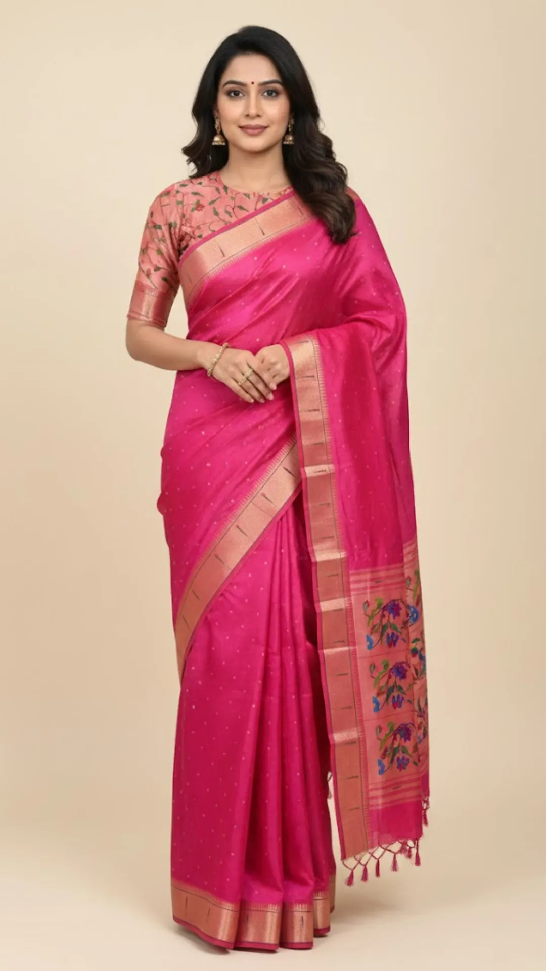 Pink khadi raw silk saree with meenakari weaving paithani pallu