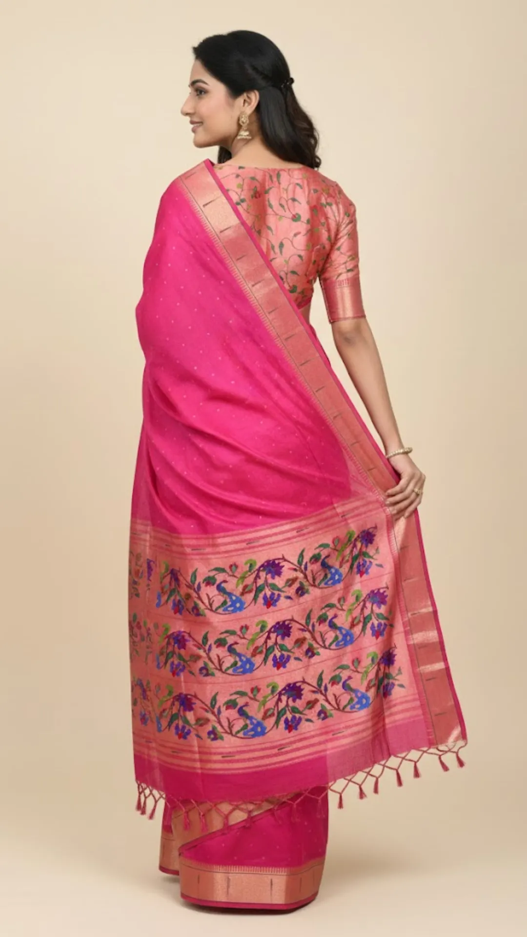 Pink khadi raw silk saree with meenakari weaving paithani pallu