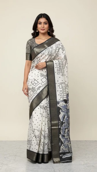 Image of Malti digital printed tussar silk saree with zari motif border