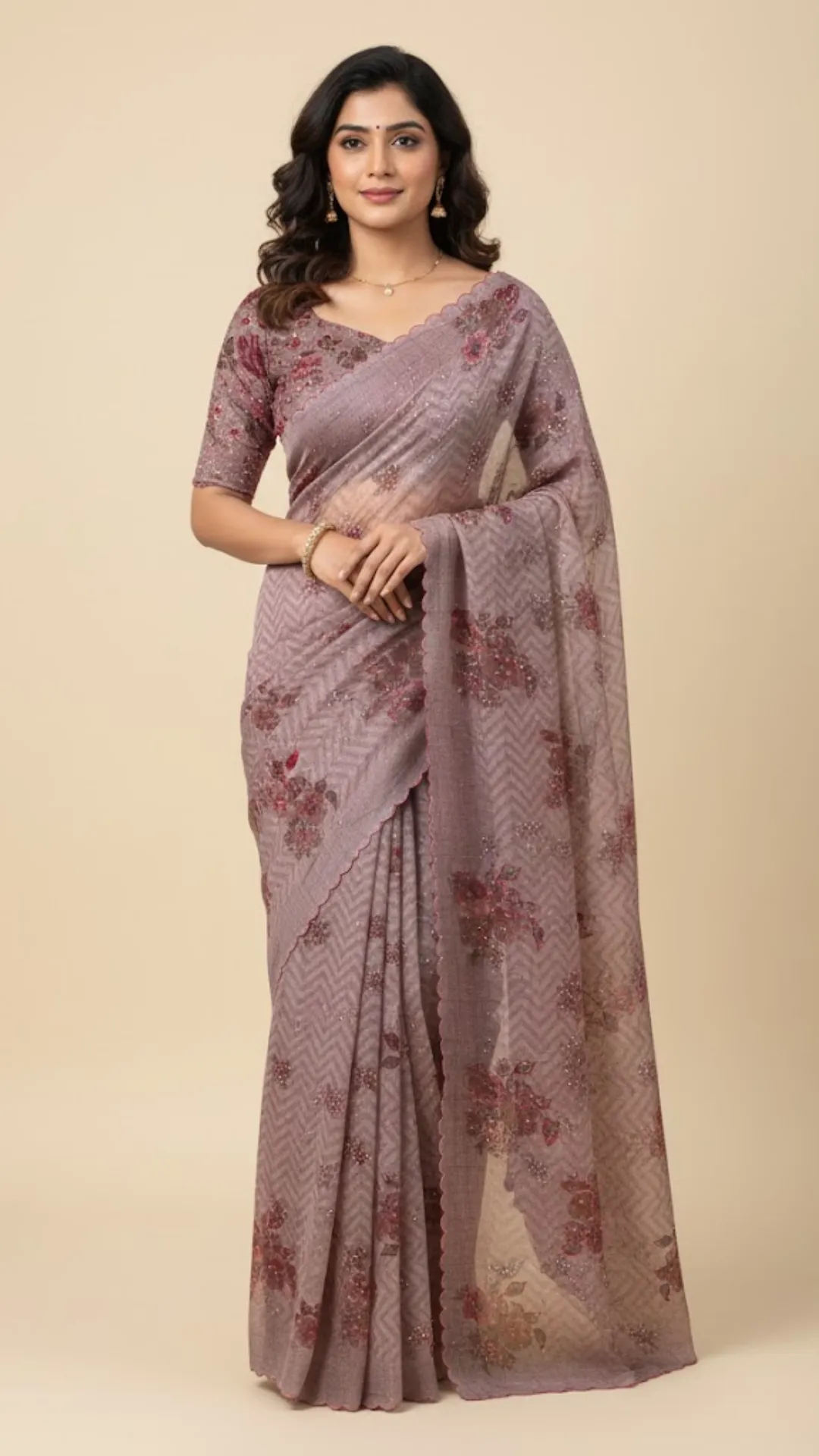 Dusty pink orgenza silk saree with digital print and Khatli work