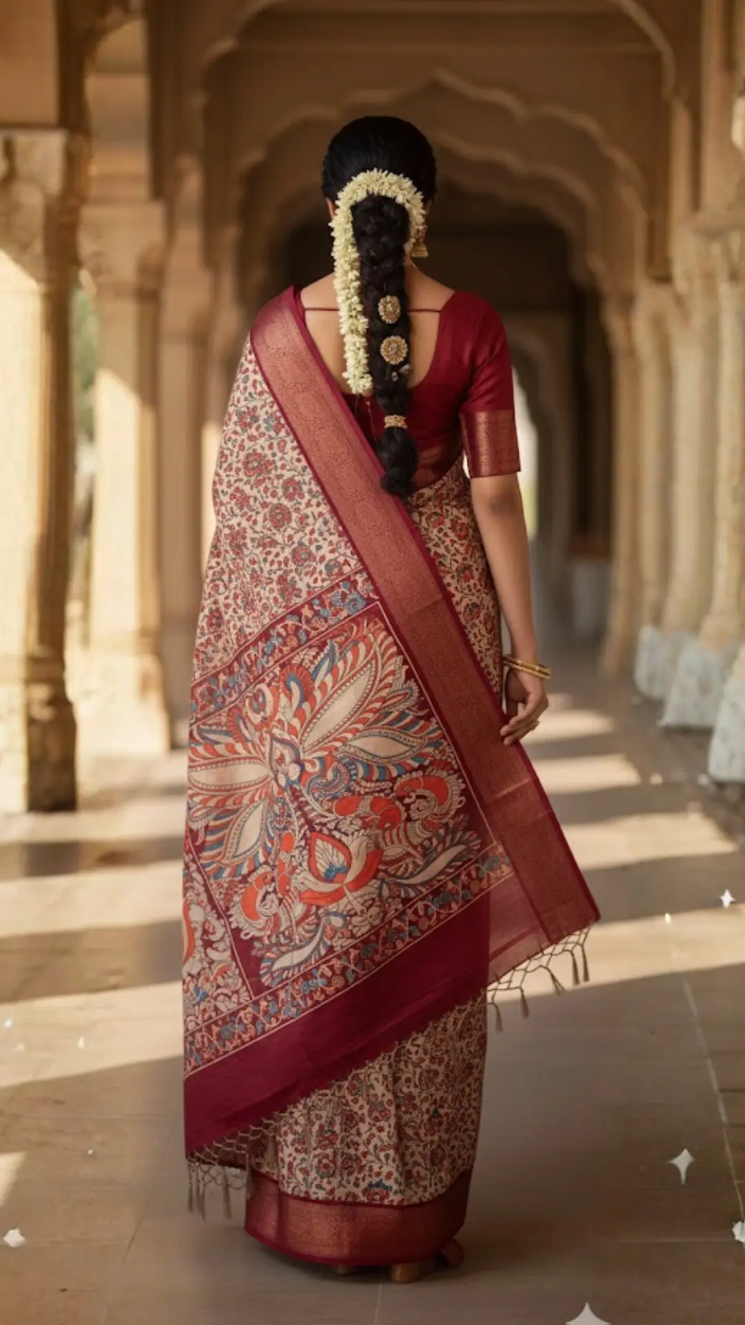 Multi kalamakari floral printed tussar silk saree with zari motif border