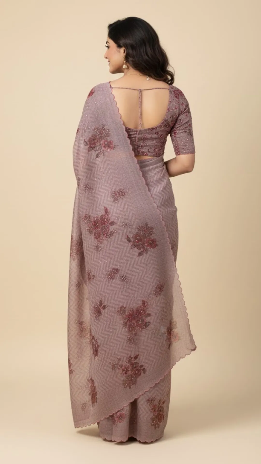 Dusty pink orgenza silk saree with digital print and Khatli work